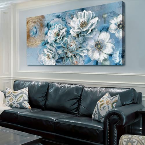 Ardemy Teal Flowers Canvas Wall Art Large Magnolia White Floral Picture Textured Painting Turquoise Artwork Wall Decor Living Room Bedroom Dining Room