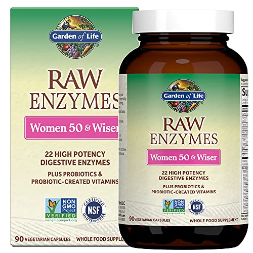 Garden of Life 22 Digestive Enzymes for Women 50 & Over with Bromelain, Papain & Lactase Plus Probiotics & Vitamins B12, Biotin & Zinc – RAW Enzymes