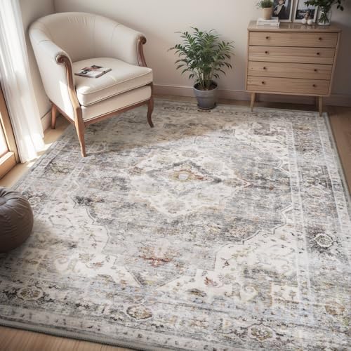 AMOAMI-4X6 Area Rugs for Living Room -Soft Vintage Bedroom Rugs-Non Slip Washable Rug-Throw for Living Room Bedroom Bedside Dining Room Office Grey Gr