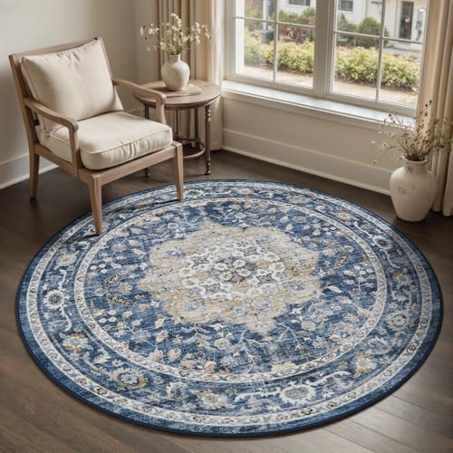 PADOOR-Vintage 6FT Round Rug-Rugs for Living Room-Soft Blue Circle Rug-Machine Washable Rugs for Bedroom-Non Slip Carpet-Rug for Dining Room Living Ro