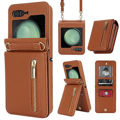 for Samsung Galaxy Z Flip 5 Luxury Zipper Wallet Phone Case, Multi-Function Kickstand Card Holder Adjustable Crossbody Strap, Fashion Flip Case.(Brown