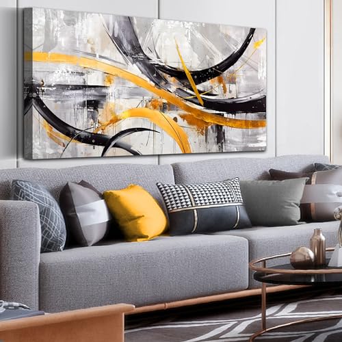CGXART Abstract Art Work for Wall Decor - Modern Wall Art for Living Room Large Size Ready to Hang Size 29" x 59" 59"L x 29"W Black Gold and Grey