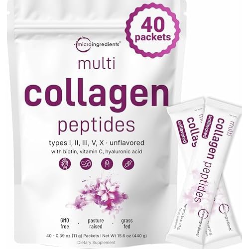 Micro Ingredients Multi Collagen Peptides Powder, 40 Stick Packs | Type I, II, III, V, X + Biotin, Vitamin C & Hyaluronic Acid | Unflavored | Supports