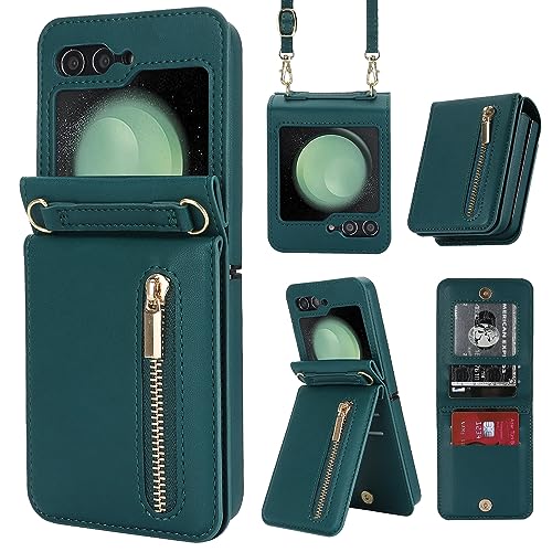 for Samsung Galaxy Z Flip 6 Luxury Zipper Wallet Phone Case, Multi-Function Kickstand Card Holder Adjustable Crossbody Strap, Fashion Flip Case.(Green