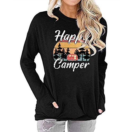 Fuyxxmer Womens Happy Camper Sweatshirt Vintage Mountain Graphic Tee Long Sleeve Pullover Blouses Top Shirts with Pockets Black XX-Large