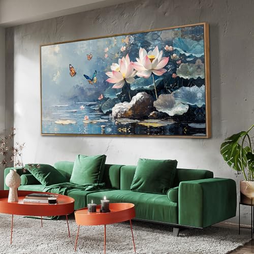 Ardemy Framed Canvas Wall Art Lotus Flower Painting for Living Room Blue Landscape Zen Butterfly Nature Artwork Bedroom Kitchen Dining Room Home Offic