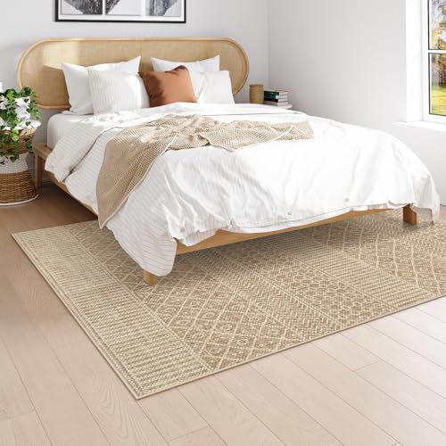 Lahome Farmhouse Geo 5x7 Rug, Beige, Ultra-Thin, Non-Slip, Machine Washable, Modern, Rectangular, Indoor, Boho, Moroccan, Bedroom, Dining Room, Living