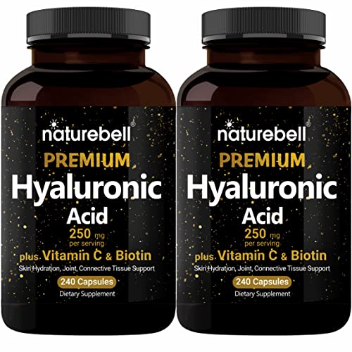 NatureBell 2 Pack Plant Based Hyaluronic Acid Supplements 250mg with 25mg Vitamin C & Biotin 5000mcg, 480 Total Capsules | Essential for Hair Growth,