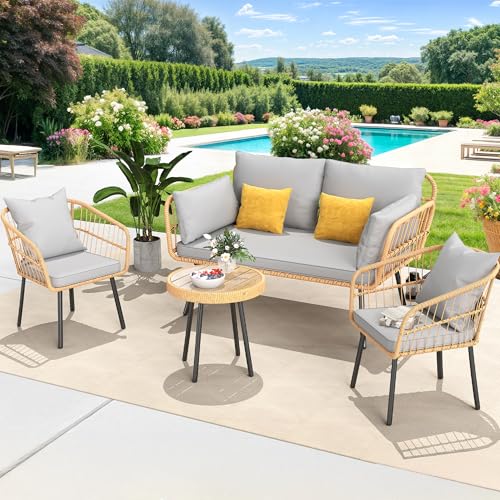 YITAHOME 4 Pieces Patio Furniture Set, Outdoor Wicker Bistro Set, All-Weather Rattan Patio Conversation Set with Loveseat Chairs Table Soft Cushions f