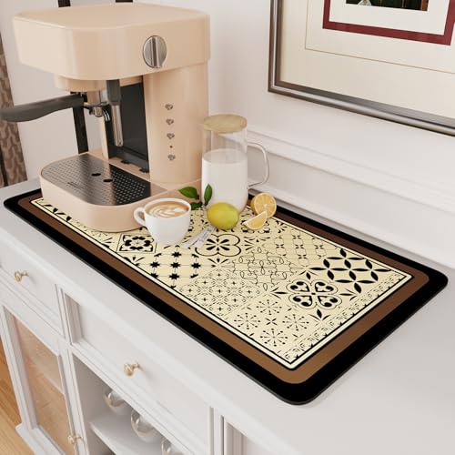 AMOAMI Coffee Mat Hide Stain Rubber Backed Absorbent Dish Drying Mat for Kitchen Counter - Fits Under Coffee Maker or Machine - Khaki 17x31.5 RETRO BR