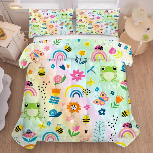 Rainbow Comforter Sets Full Size Cartoon Frogs Bedding Sets for Girls Kids Teens Boys Flowers Butterfly Bees Snails Insects Cute Kawaii Quilt 1 Comfor