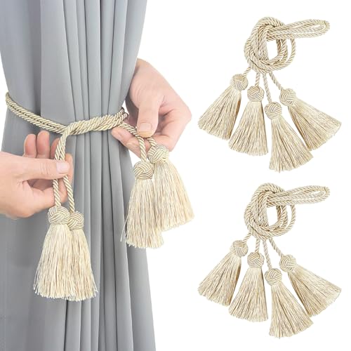 Elegant Curtain Tiebacks Rope Decorative Curtain Tie Backs for Drapes Hand Woven Window Treatment Holdbacks with Tassel, Beige 4pack