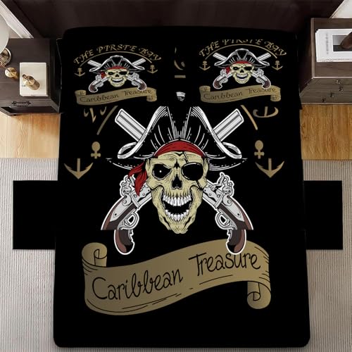 Skull Sheet Set Boys Full Size Nautical Pirate Bedding Set Black Ocean Fitted Sheets for Children Kids Men Adventure Skeleton Bed 1 Flat Sheet & Fitte