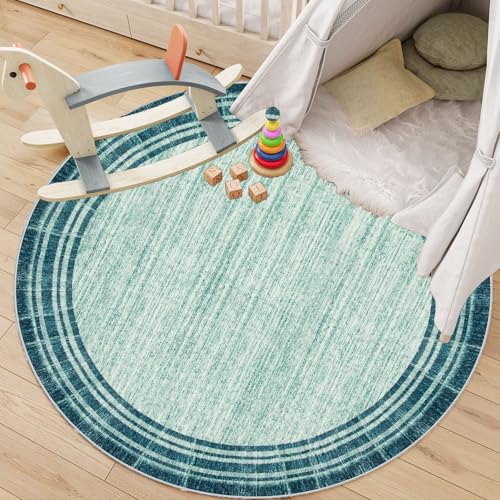 Lahome Abstract Round Rug 6 ft for Living Room, Ultra Thin Washable Soft Circle Bedroom Area Rug, Teal Printed Minimalist Boder Indoor Circular Carpet