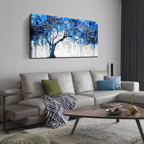 Tree Canvas Wall Art Bedroom - Modern Wall Art for Living Room - Blue Home Office Decor Size 24" x 48" 48"L x 24"W Blue 3