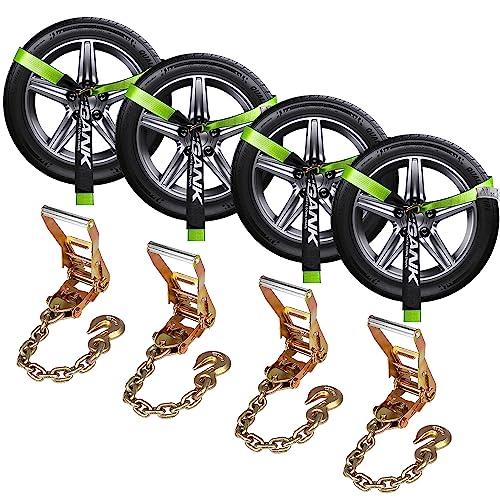 (4 Pack) Heavy Duty Tire Straps for Car Trailer - 2" x 96" - 3,300 lbs Safe Working Load - Wheel Straps for Hauling Cars-Ideal for Securely Transporti