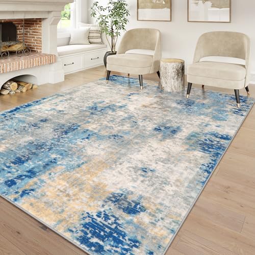 Lahome Modern Abstract 6x9 Area Rugs for Living Room, Washable Accent Bedroom Rug Low Pile Stain Resistant, Blue Soft Indoor Contemporary Carpet for D