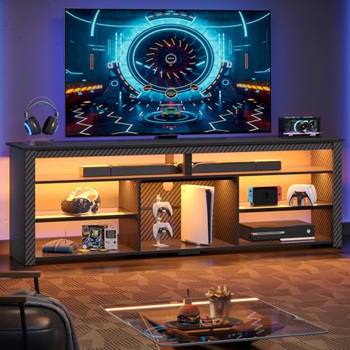 Bestier Tall TV Stand for 75 inch TV, LED Entertainment Center, Gaming TV Console with Storage for PS5, Modern TV Cabinet for Bedroom, Living Room, Bl