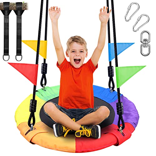 Odoland 24 inch Chidren Tree Swing Net Swing Outdoor Kid Platform Swing with Detachable 600LB Weight Load Oxford Fabric and Adjustable Hanging Ropes f