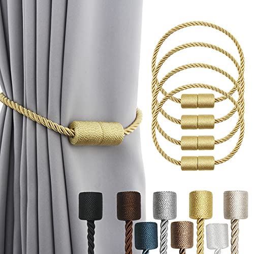 4 Pack Gold Strong Magnetic Curtain Tiebacks Outdoor Elegant Decorative Tie Backs Modern Rope Tiebacks for Drapes Window Curtain Holdbacks for Draperi