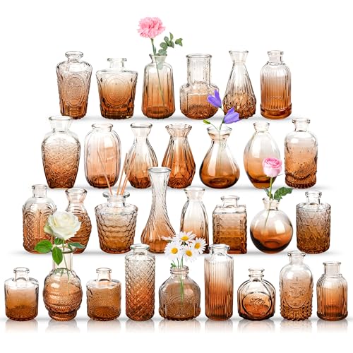 Der Rose Amber Bud Vases in Bulk Glass Vase for Centerpieces Set of 30 Small Flower Vases Mini Vintage Vases for Rustic Wedding, Home Table Decoration