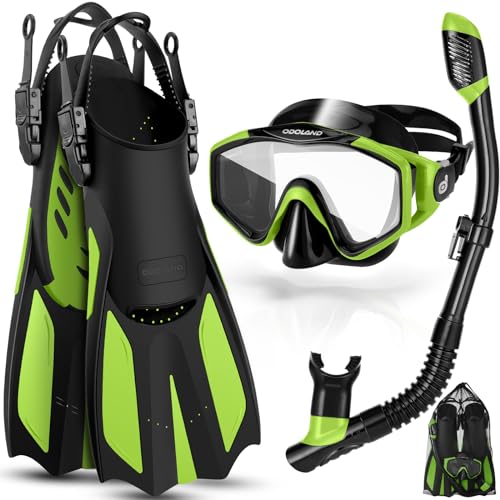 Odoland Snorkel Set with Diving Mask and Swim Fins, Wide View Dry Top Scuba and Flippers, Anti-Fog Anti-Leak Snorkeling Gear for Men Women Adult and Y