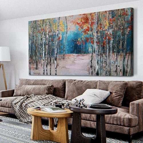 Ardemy Blue Wall Art Living Room Landscape Panoramic Textured for Bedroom White Birch Tree Canvas Painting Forest Picture, Nature Teal Artwork Framed
