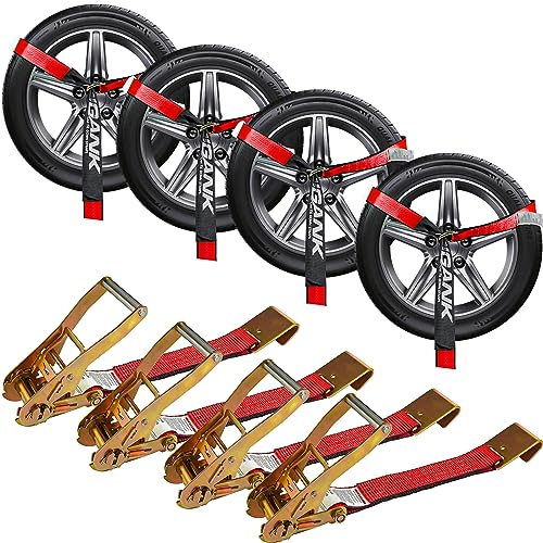 Car Tie Down Straps for Trailers (4PK) – 2'' X 96'' Tire Webbing with Flat Hooks for Easy Tire Securing on Cars, SUVs, Jeeps, or Sports Cars Red