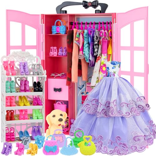 Ecore Fun 120 Pcs Fashion Doll Closet Wardrobe for Clothes and Accessories Storage Include Clothes, Dresses, Shoes, Shoes Rack, Bags, Necklace, Hanger