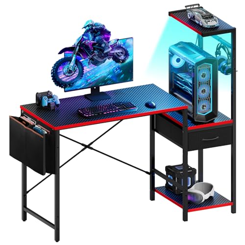 Bestier Computer Desk with Shelves, Smalll Gaming Desk with LED Lights, Home Office Desk for Small Spaces, Gamer Corner Desk with Drawer for Bedroom w
