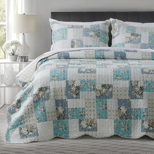 KASENTEX Country-Chic Printed Pre-Washed Quilt Bedding Set - Microfiber Fabric Quilted Pattern Bedding (Multi-Blue B, Queen + 2 Shams) Queen (U.S. Sta