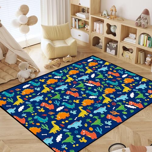 4' x 6' Dinosaurs Rug Blue Area Rugs for Kids Boys Girls Living Room Bedroom Dormitory Washable Floor Mat Cartoon Throw Rug Carpet Room Decor Dinosaur