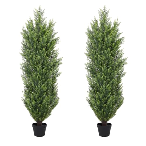 4ft Cedar Topiary Trees Artificial Outdoor Set of 2, 48" UV Resistant Fake Evergreen Potted Plants, Faux Pine Bushes and Shrubs for Front Door, Porch,