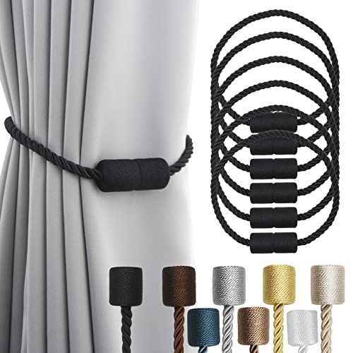 6 Pack Black Strong Magnetic Curtain Tiebacks Outdoor Elegant Decorative Tie Backs Modern Rope Tiebacks for Drapes Window Curtain Holdbacks for Draper
