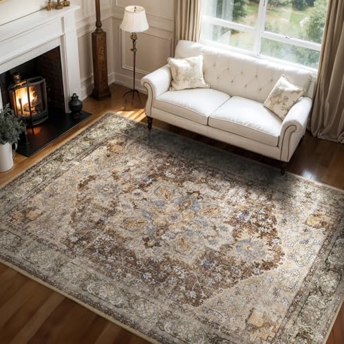 Sepia Brown Washable 5x7 Area Rugs for Living Room Rug Bedroom Rug-Carpet Neutral Vintage Traditional Dining Room Rugs Office Soft Comfortable Non Sli