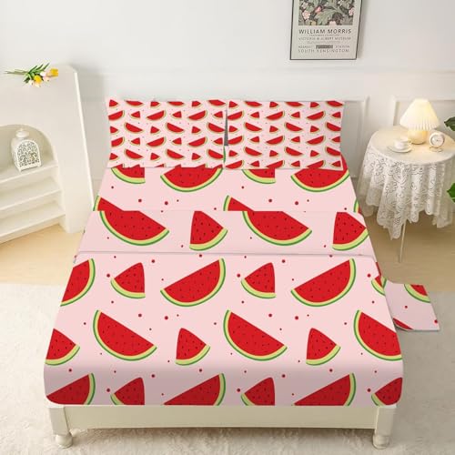 Pink Watermelon Sheet Set: Cute Watermelon Bedding Set Full-Queen Size for Women Girls Kids Teens Summer Fruits Bedroom Bed - 1 Flat Sheet, 1 Fitted S