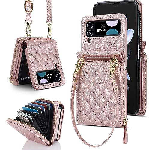 for Samsung Galaxy Z Flip 4 Zipper Wallet Case with Accordion Card Holder, 8 Card Slots Large Capacity and Anti-Theft Security.(Rosegold) RoseGold Sam
