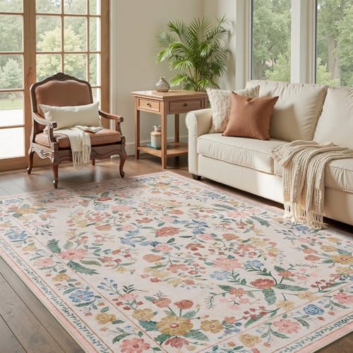 AMOAMI Vintage Floral 5x7 Area Rugs for Living Room Rug, Machine Washable Rug Non Slip Large Area Rug for Bedroom Indoor Low Pile Carpet Ultra Soft Bo