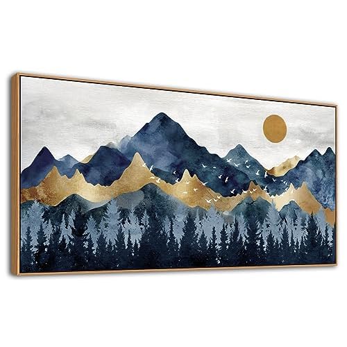 Framed Abstract Canvas Wall Art - Indigo Blue and Brown Nordic Mountain Forest Picture Wall Decor Sun Birds Canvas Painting Nature Landscape Prints Ar