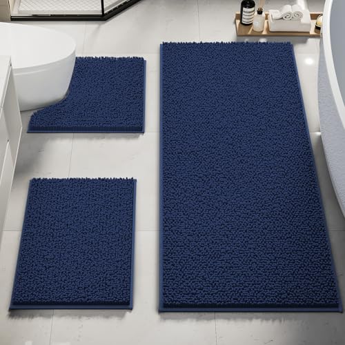 Bathroom Rug Mat Set 3 Piece, Chenille Bath Mat Set, Non-Slip Ultra Soft Carpet Mats, Extra Large Absorbent with U-Shaped Toilet for Bathroom, Tub, Sh