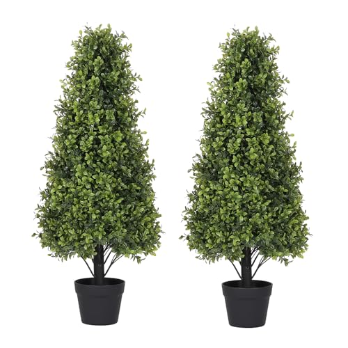 3ft Artificial Boxwood Topiary Trees (Set of 2) - UV Resistant Faux Plants Outdoor, Realistic 36" Fake Cone Bushes and Shrubs for Front Porch, Planter