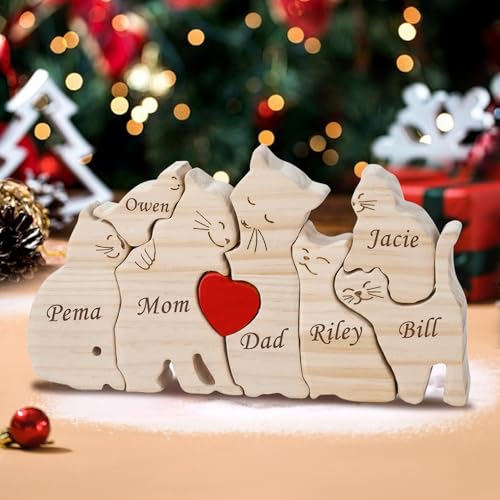 Personalized Wooden Puzzle with 2-8 Family Name Wooden Kitten Sculpture Customizable Name Art Puzzle Gift for Father Mother Birth Day for Mom Dad Home