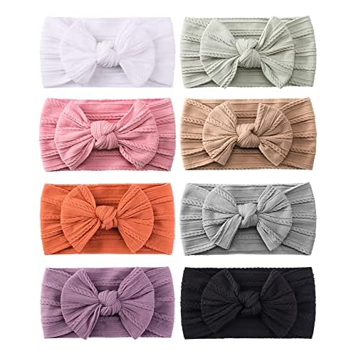 jollybows 8pcs Nylon Headbands for Baby Girls Infant Baby Bows Newborn Hairbands Toddler Hair Bow Elastics Head Wraps 5-8 Multi-colored