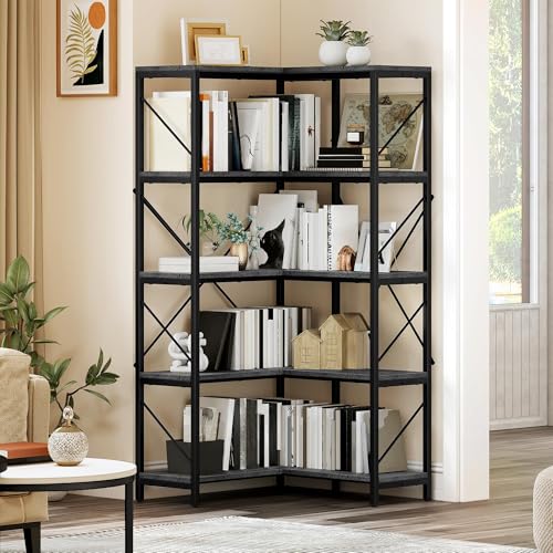 YITAHOME Corner Bookshelf, Industrial Corner Shelf 5 Tier Bookcase, Large Display Rack Storage for Bedroom, Living Room, Home Office,Charcoal Gray + B