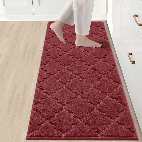 COSY HOMEER Soft Kitchen Floor Mats for in Front of Sink Super Absorbent Rugs and 20"x59" Non-Skid Mat Standing Washable,Polyester,Red Red 20"x 59"