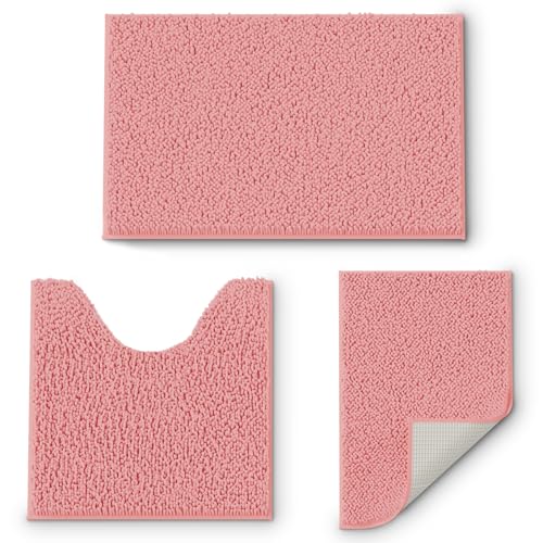 Bathroom Rugs Sets 3 Piece, Pink Extra Soft Absorbent Chenille Bath Rugs, Non Slip Rubber Backing Machine Washable Quick Dry Bath Mats for Bathroom Fl
