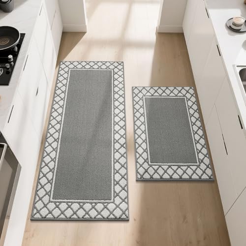 COSY HOMEER Kitchen Rug Mat Sets, 2 Pieces Nonslip Washable Kitchen Floor Mats Rugs, TPR Backing Carpet Runner Rugs for Hallway Entrance Dining Room,