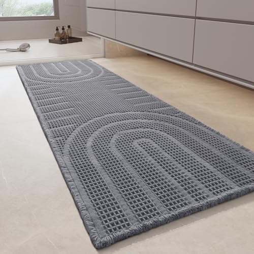 AMOAMI Waffle Bath Runner Rug,Super Absorbent Bath Mats for Bathroom,Non Silp Machine Washable Bathroom Mat,Soft Long Bathroom Rugs with Tassels Front