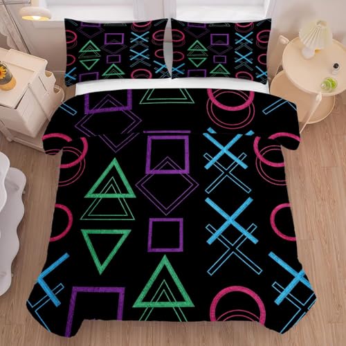 Game Bedding Set King Size Geometric Comforter for Kids Boys Men Black Abstract Bedroom Decor Quilt Bed Sets, 1 Comforter 2 Pillowcases Game 3 King