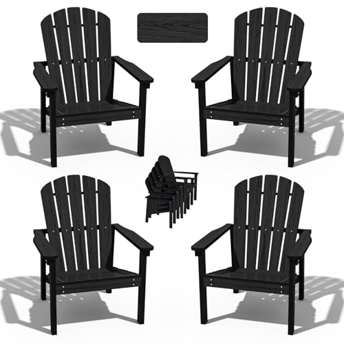 Stackable Adirondack Chair Set of 4, HDPE Outdoor Patio Chair - Durable and Space Saving, Suitable for Porches, Lawns or Garden, Black Black classic�